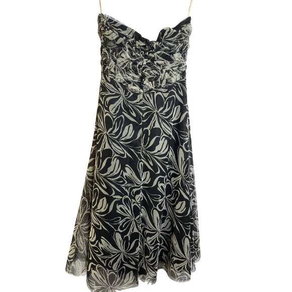 BCBGMaxazria Chiffon Tulle Lined Dress Floral Strapless Black Beige Women Sz. 12 - Picture 2 of 7